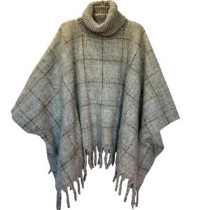 World Market Plaid Turtle Neck Fringe Poncho Women Gray Brown